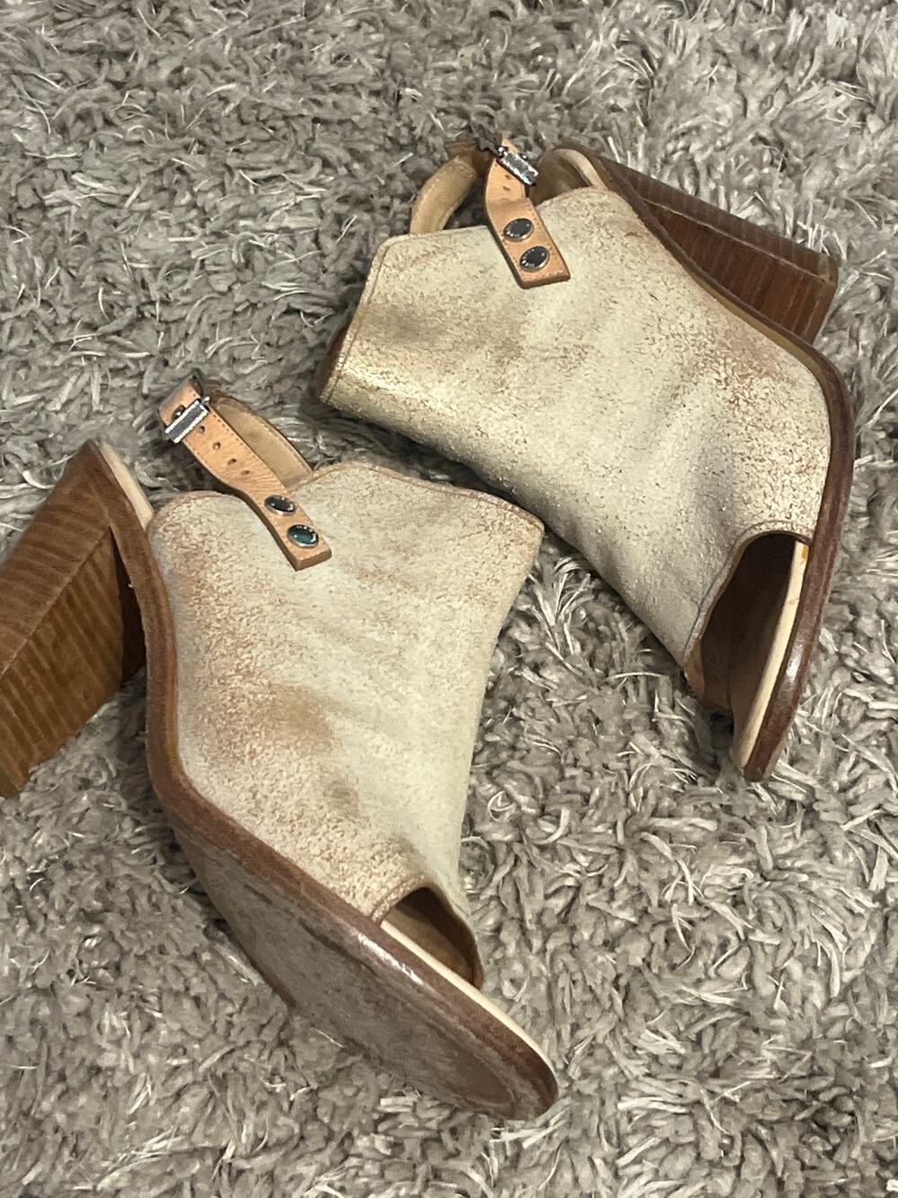 🎉Rag & Bone Wyatt EUR 391/2 US 9.5 Block Heels Tan Leather Singback Open Toe